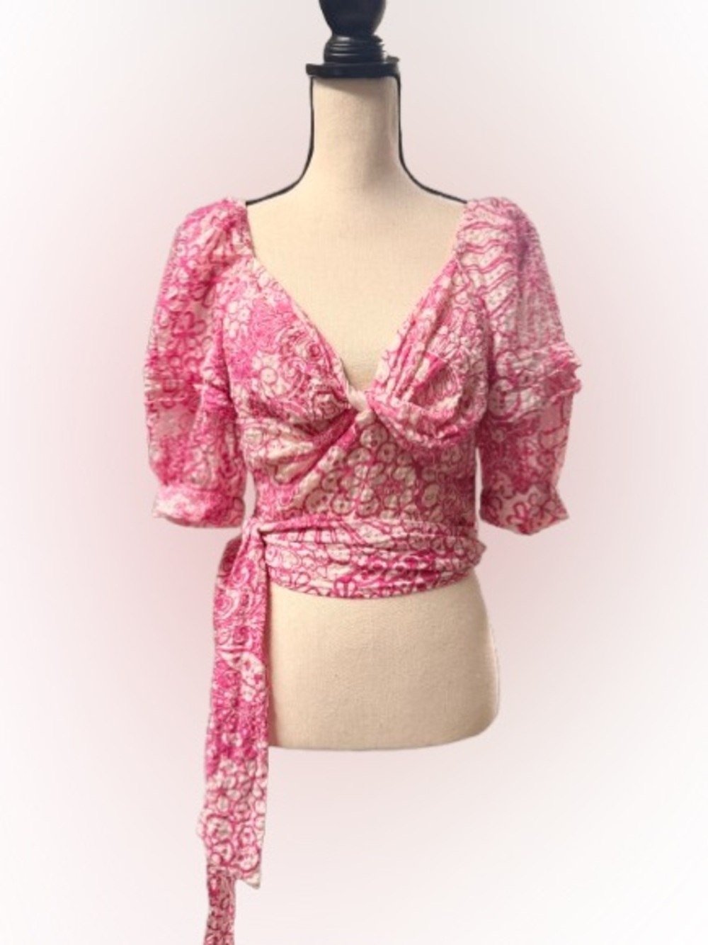 Anthropologie Maeve Pink Floral Wrap Crop Top Medium Puff Sleeve Smocked Boho